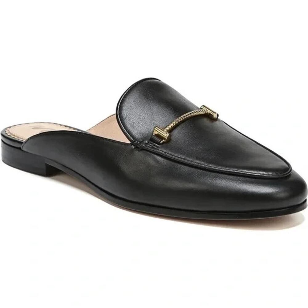 Sam Edelman Black Leather Backless Loafer Mule with Gold Accent